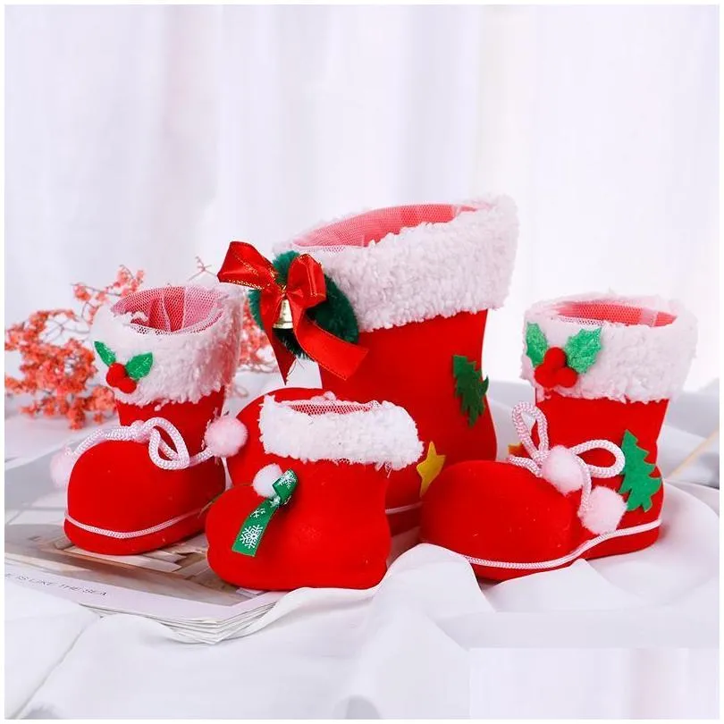 Decorazioni natalizie 4 dimensioni Decorazioni per la casa Scarpe da stivale di Babbo Natale Calza Bambini Bambino Caramelle Porta regali Borse Decorazione albero di Natale1 Goccia Dh6Hi