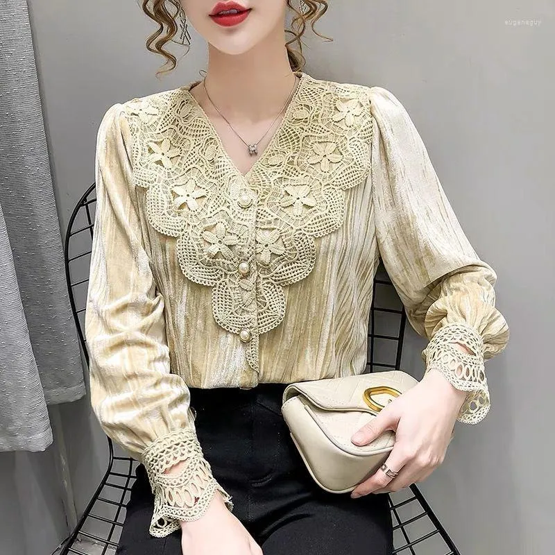 Women's Blouses Three Colors Fairycore Style Lace V-neck Bubble Sleeve Golden Velvet Flower Printing Women Shirt Silky Pearl Button Plus