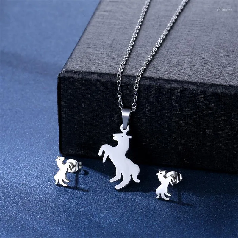 Necklace Earrings Set Stainless Steel For Women Horse Stud Earring Brincos Collier 3pcs Wedding Jewelery Accessories