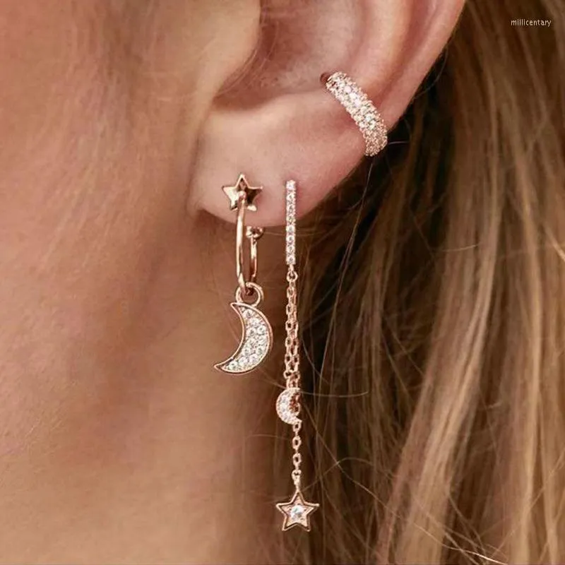 Backs oorbellen 3 PCS Punk Alloy Star Moon met kristallen Ear Clip Wrap No Piercing-Clip op kraakbeen voor vrouw