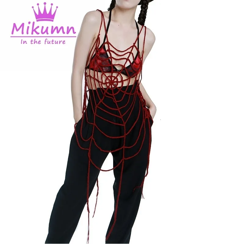 Kvinntankar Camis Mikumn Harajuku Gothic Red Black Spider Web Tassel Hollow Out Long Tank Top Women Girls Chic Streetwear 230317