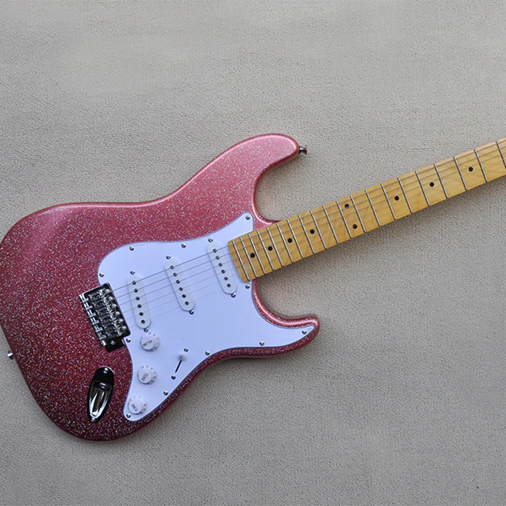 6 Strings Shining Pink Electric Guitar with SSS Pickups White Pickguard Customizable