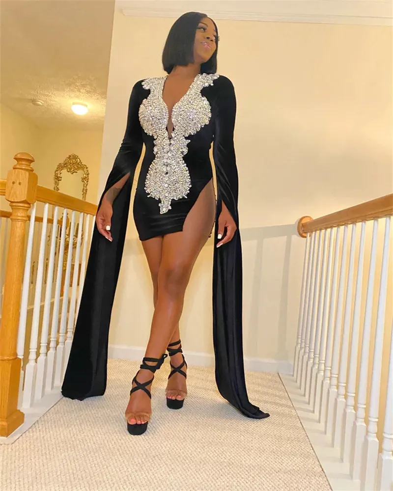 Black Velvet rhinestone prom dress for Black Girls - Elegant O Neck Evening Skirt for Cocktail, Graduations, and Parties
