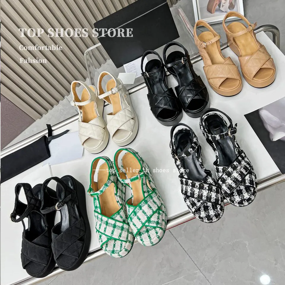 Fabric Plaid Sandals Designer Slipper Women Platform Wedges Quilted Leather Shoe Summer Casual Party Wedding Dress Shoes