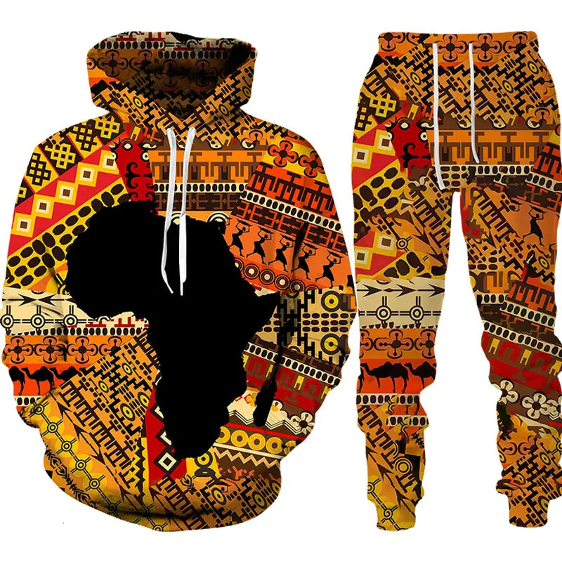 Herrspårar Folk Anpassade 3D -tryck Hoodies Trousers passar män Kvinnor Tracksuit 2PC Set Långärmad etnisk stil Afrikansk Danshiki Mens kläder 230317