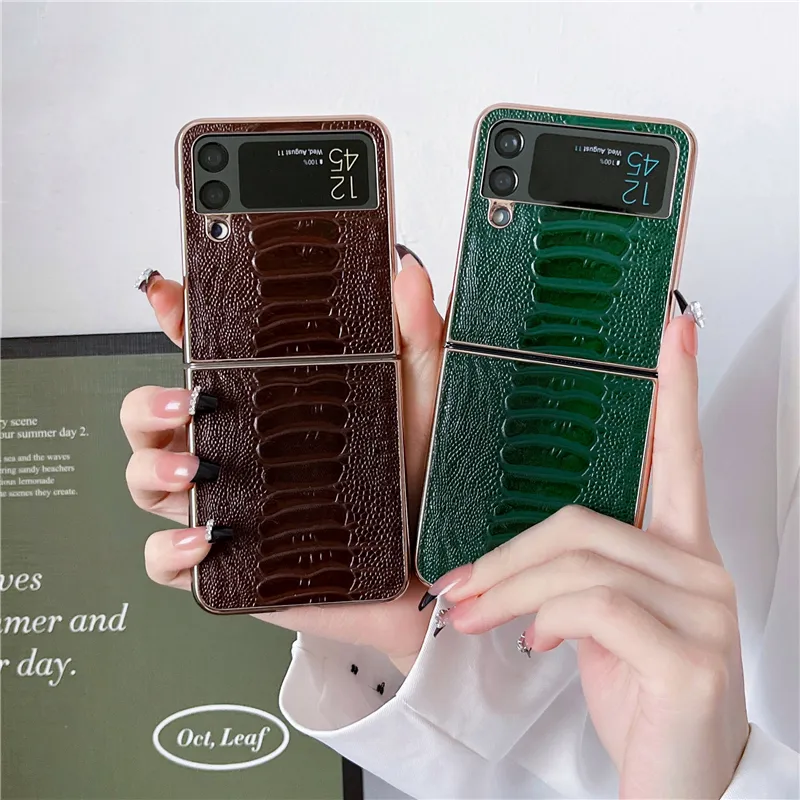 Folding Ostrich mönster Vogue telefonfodral för iPhone 14 13 Pro Max Samsung Galaxy Z Fold4 Fold3 Flip3 Flip4 S23 Ultra S22 Plus S21 äkta läderföretagspläteringsskal