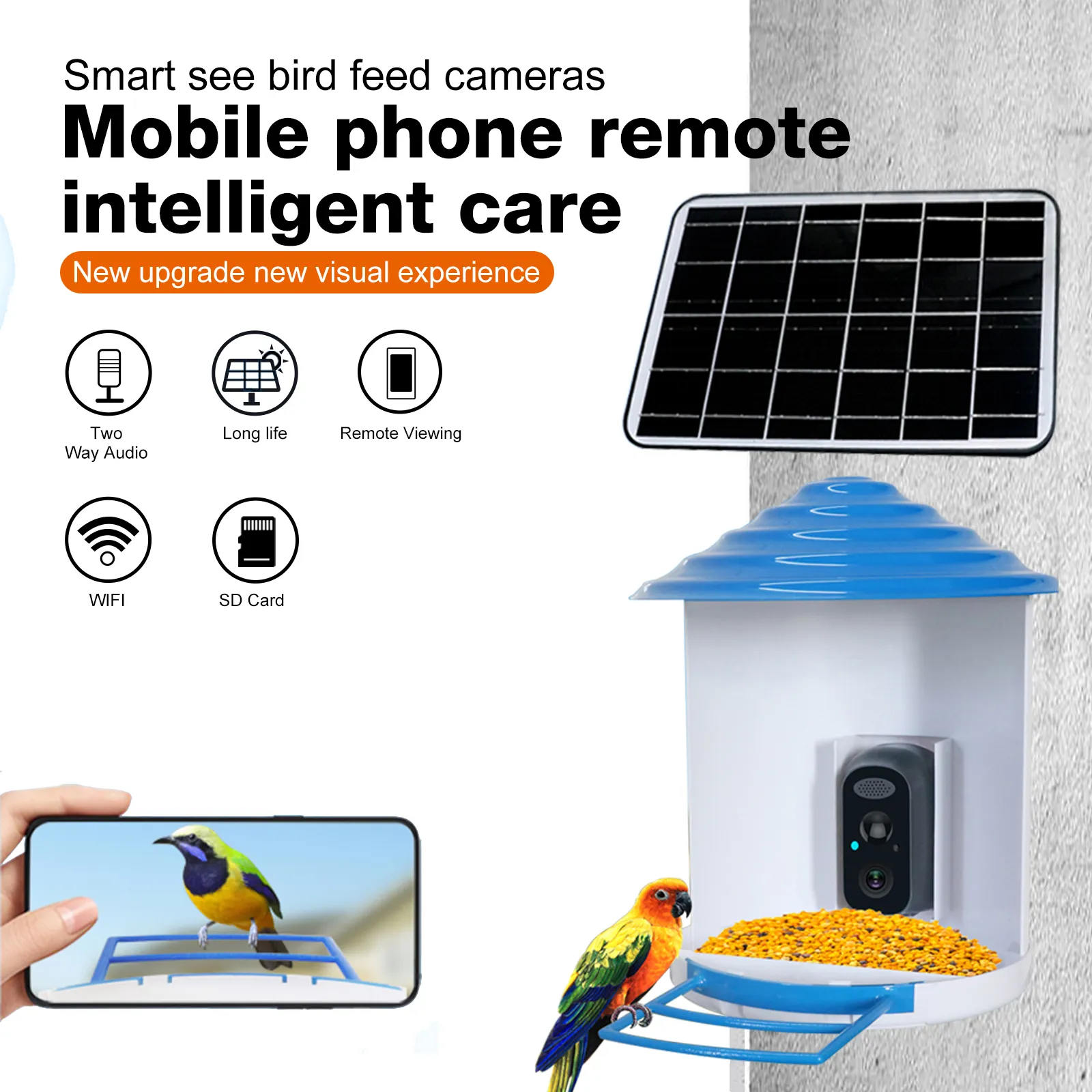 Outdoor Bird Feeder Camera WiFi Zonnepaneel Smart met 1080HD Nachtzicht Camera AI Erkenning Ingebouwde Batterij WIFI