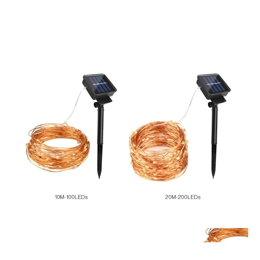 2016 LED Strings Lumières de bande solaire 66Ft 33Ft 16Ft 20M 200Leds 10M 100Leds String Fil de cuivre Jardin étanche pour Noël Drop Delive Dhp5U