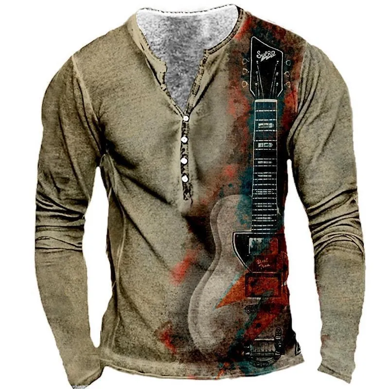 Men's T-Shirts Vintage Cotton Guitar Graphic Print Long Sleeved Tops 5xl Button V neck Tee Oversized T for Shir 230317