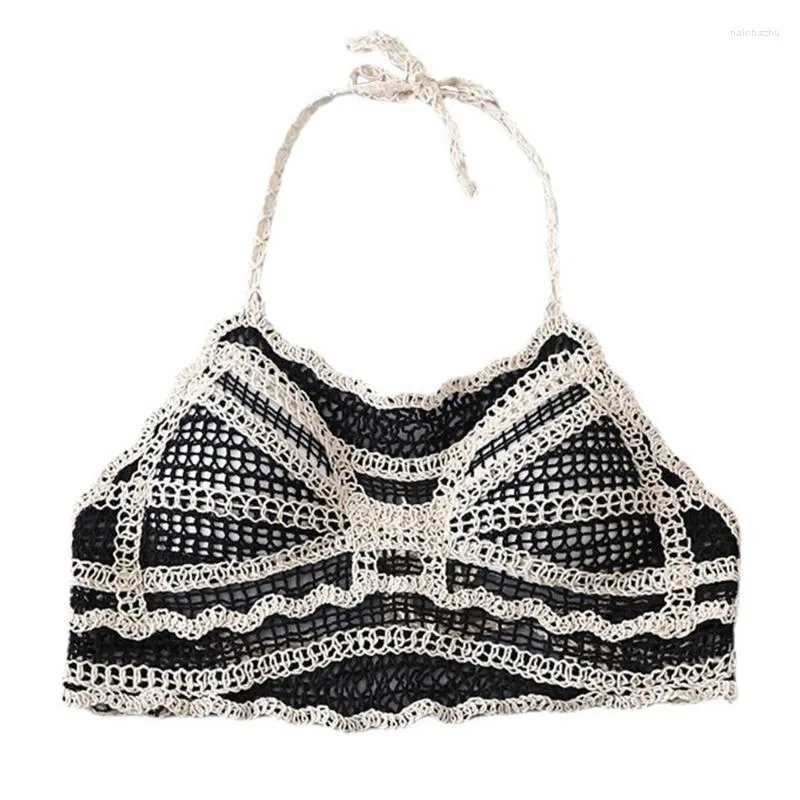 Women's Tanks M2EA Women Bohemian Hollow Crochet Halter Bikini Bras Knit Colorblock Geometric Camisole Holiday Bustier With Chest Pads