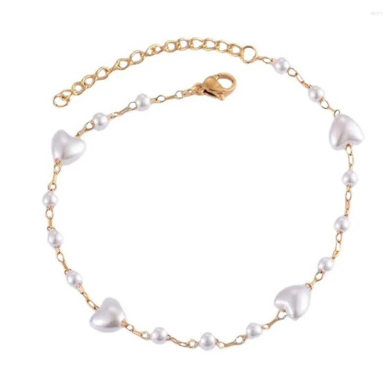 Charmarmband Pearl Pärlade kedjor armband för kvinnor Justerbart rostfritt stål hjärtsmycken med 2 "förlängningskedja