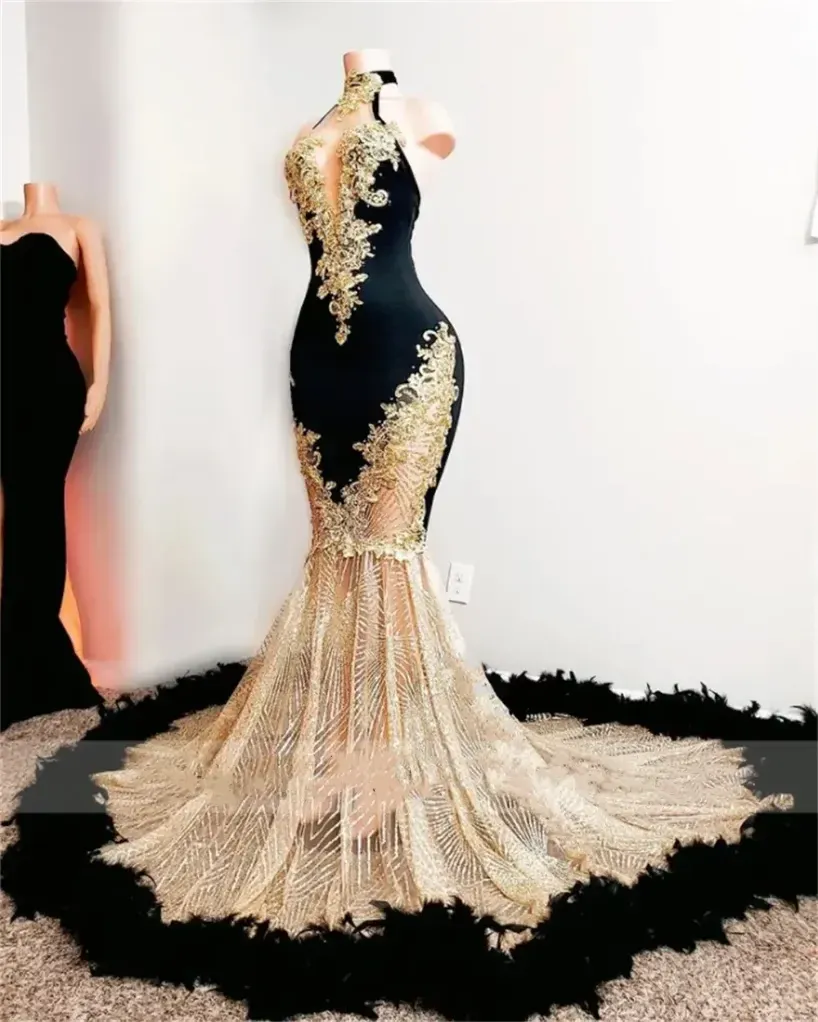 Sexy Black Girls Mermaid Prom Dresses Raso Perline Paillettes Collo alto Piume Gonna di lusso Abiti da sera per feste BC14825