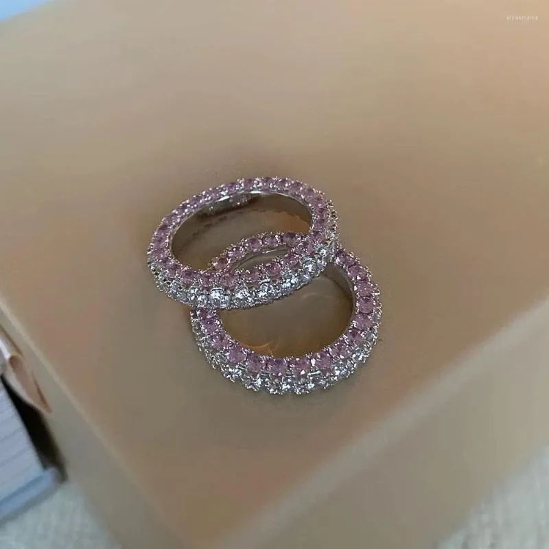Anéis de casamento White Pink Cz Eternity Band Ring for Women Full Full Deding Cubic Zirconia Pavimented Bands de noivado empilhando