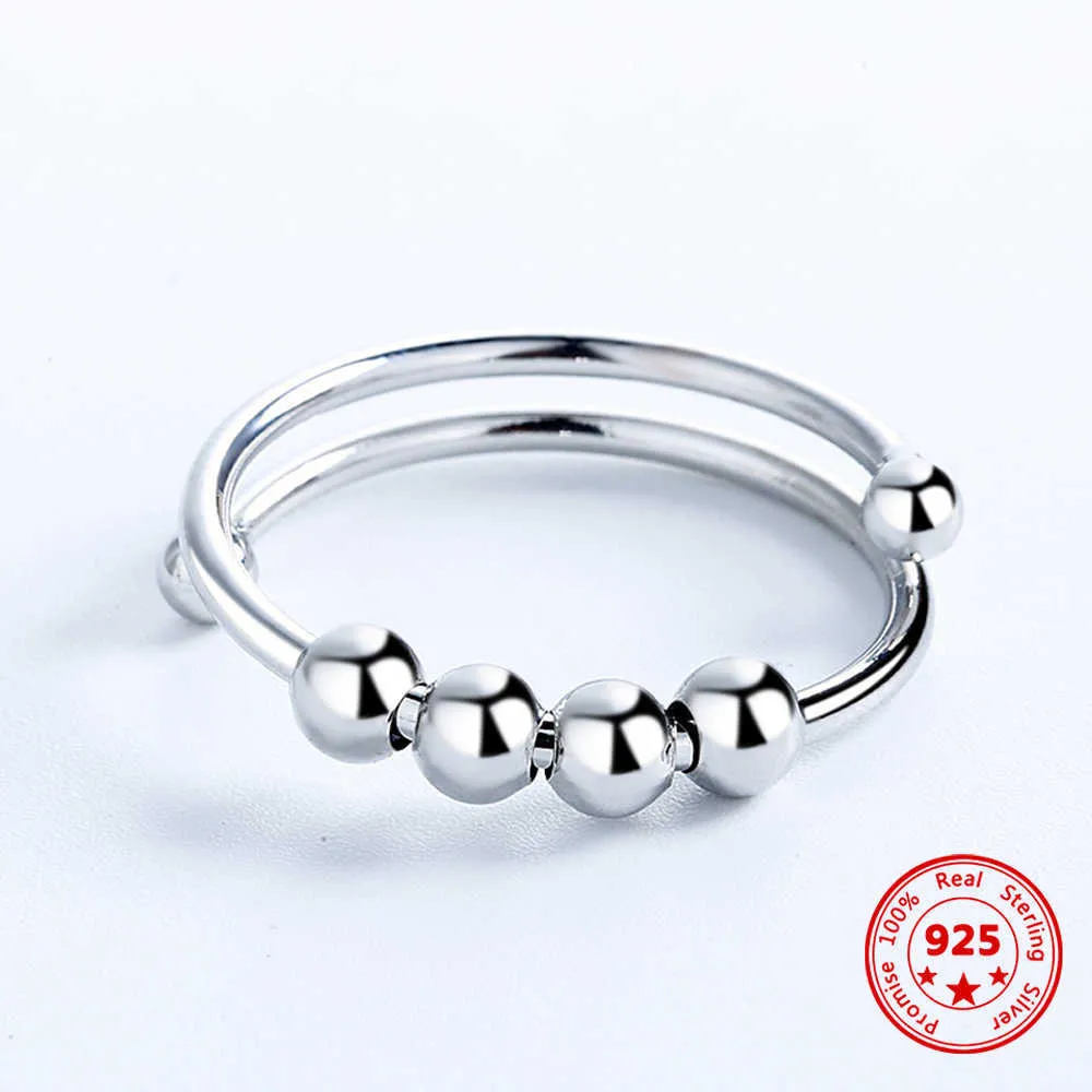 Bandringar 2022 NYA 925 Sterling Silver Fidget Beads Angst Spinnar Ring for Women Men Lindring Stress Justabl Rings Fashion Jewelry G230317