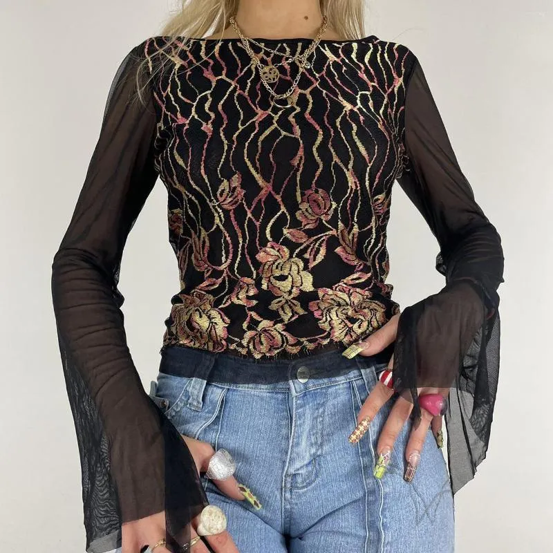 Women's T Shirts Women's Stylish Backless T-Shirts Mesh Flared Sleeve Flower Embroidery Patchwork Fitting Wild Casual Back See Though