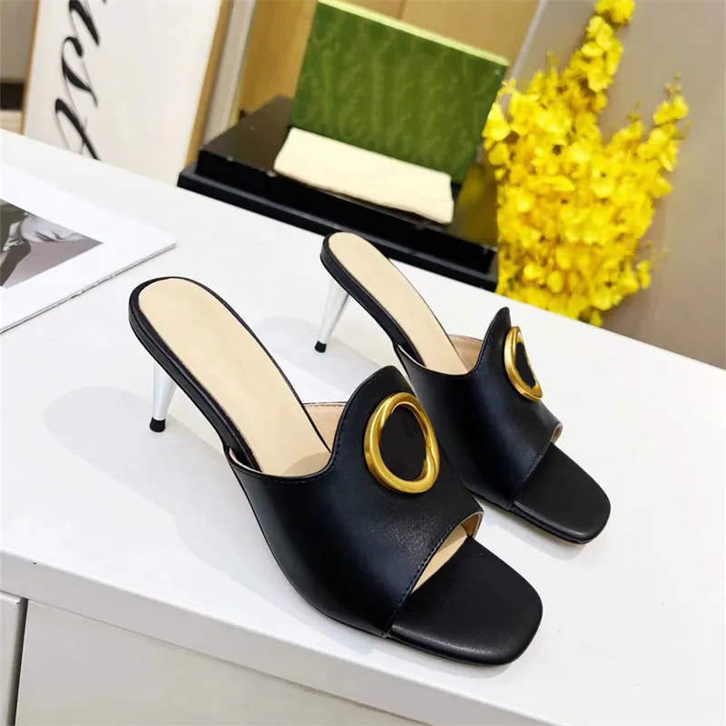 Leather high Heels Women`s slippers Luxury Designer Fashion Sandals Sexy skinny heels Buckle party shoes White collar Office shoes Designer shoes 7CM heel strap box