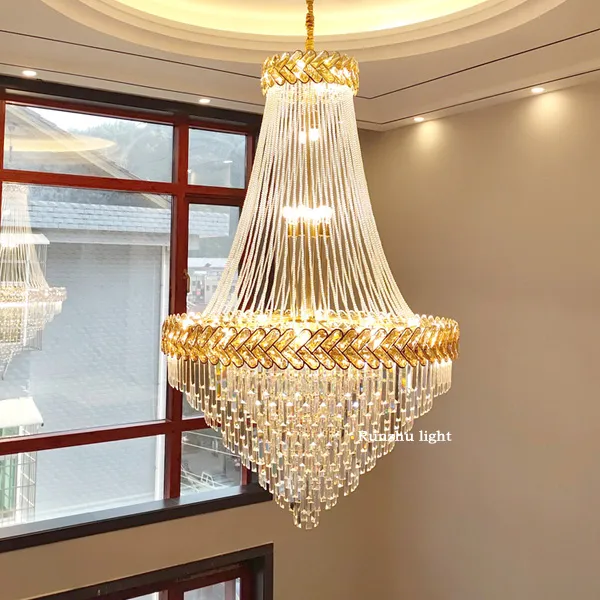 Crystal Staircase Luxury Long Chandelier Rotation de salon creux Light Light Hôtel Hôtel duplex Hôtel