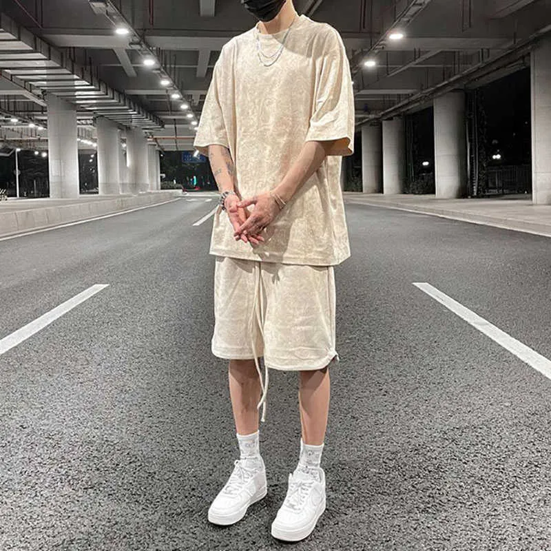 Men's Shorts Harajuku Suede Cashew Flower Print Men's Casual Drawstring Summer Shorts Retro High Street Oversized Wide Leg Five Point Pants G230316