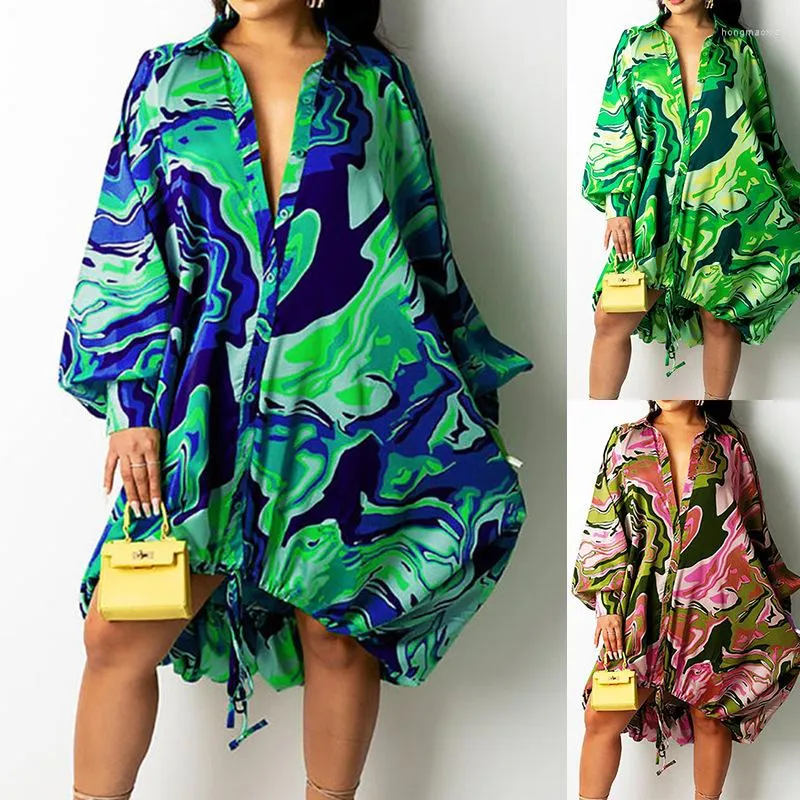 Robes décontractées Mode Femmes Asiatique Vacances Chemise Lâche Robe Longue Lanterne Manches Turn Down Collier Midi Streetwear