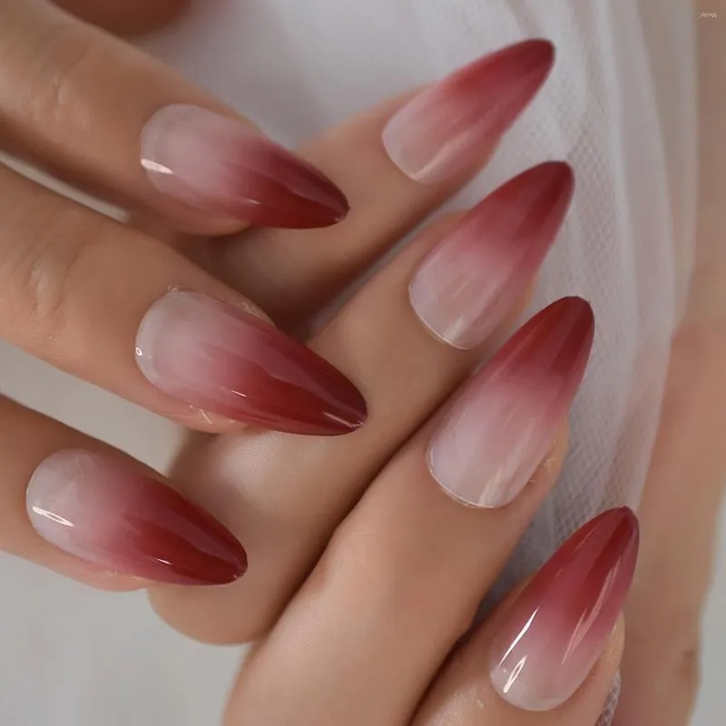 Faux Ongles Amande Moyenne Presse Sur Gel Couverture Complète Stiletto Ombre Faux Long Rouge Nude Artificielle Acrylique Nail Kit