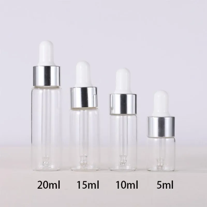 Récipients cosmétiques vides 5ml 10ml 15ml 20ml, flacons compte-gouttes en verre transparent pour huiles essentielles avec bouchons argentés et dorés