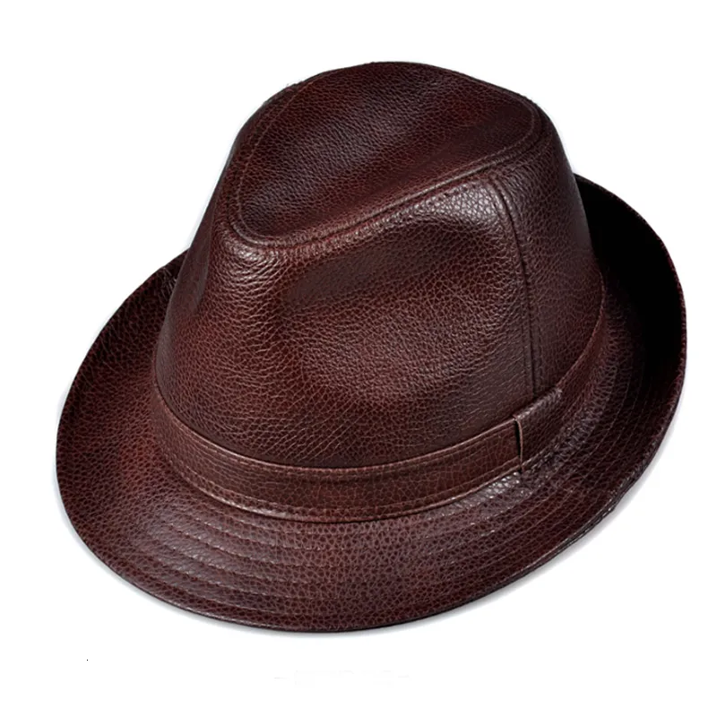 Wide Brim Hats Bucket Hats Man High Quality Genuine Leather Jazz Fedora Gentleman Cow Skin Short Brim BlackBrown Top Hat Male Shows Topper 230317