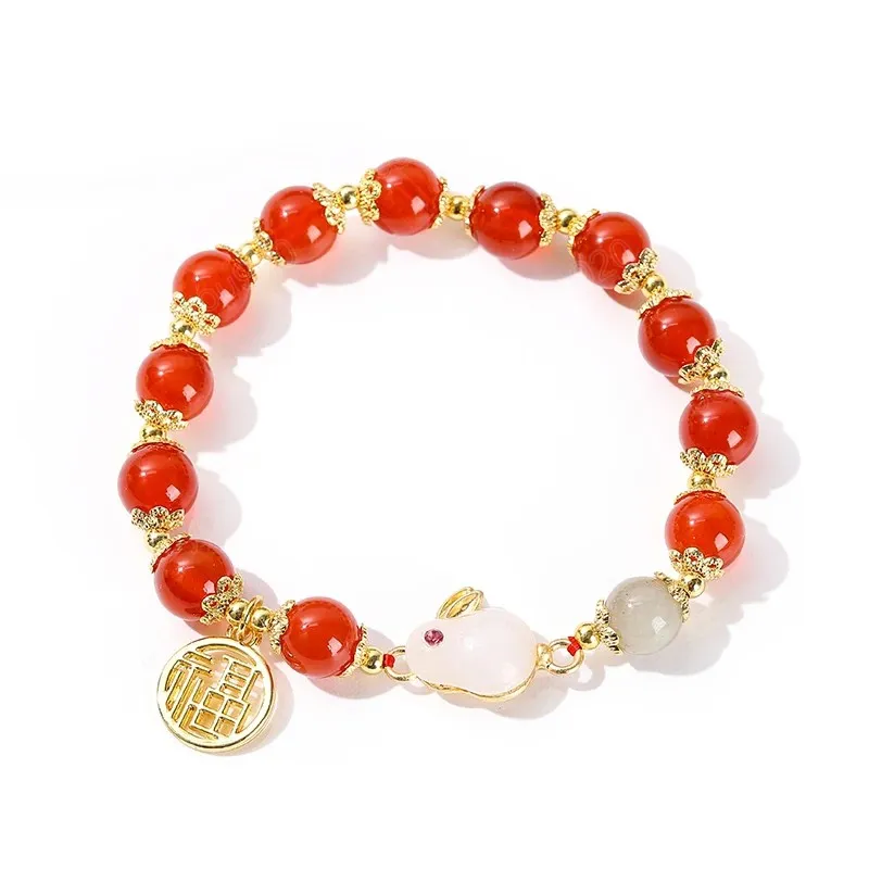Kvalitet naturlig röd agat lycklig kanin söta armband kvinnor utsökta kinesiska fu karaktär charm elastiska armband för flickor