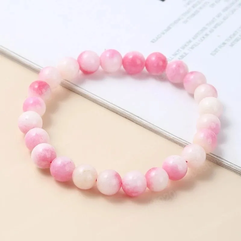 Dyed Color Peach Chalcedony Beaded Bracelets Women Beautiful Round Stone Rope Elastic Bangles Healing Yoga Wristband Jewelry