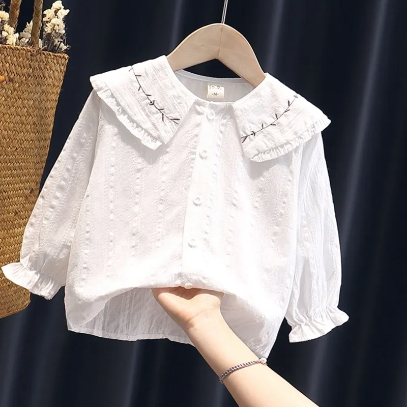 Barnskjorta Långärmad barnskjortor Baby Girl Cotton Tops Brodery Fashion Toddler White Blue Spring Höstkläder för tonåringar 230317