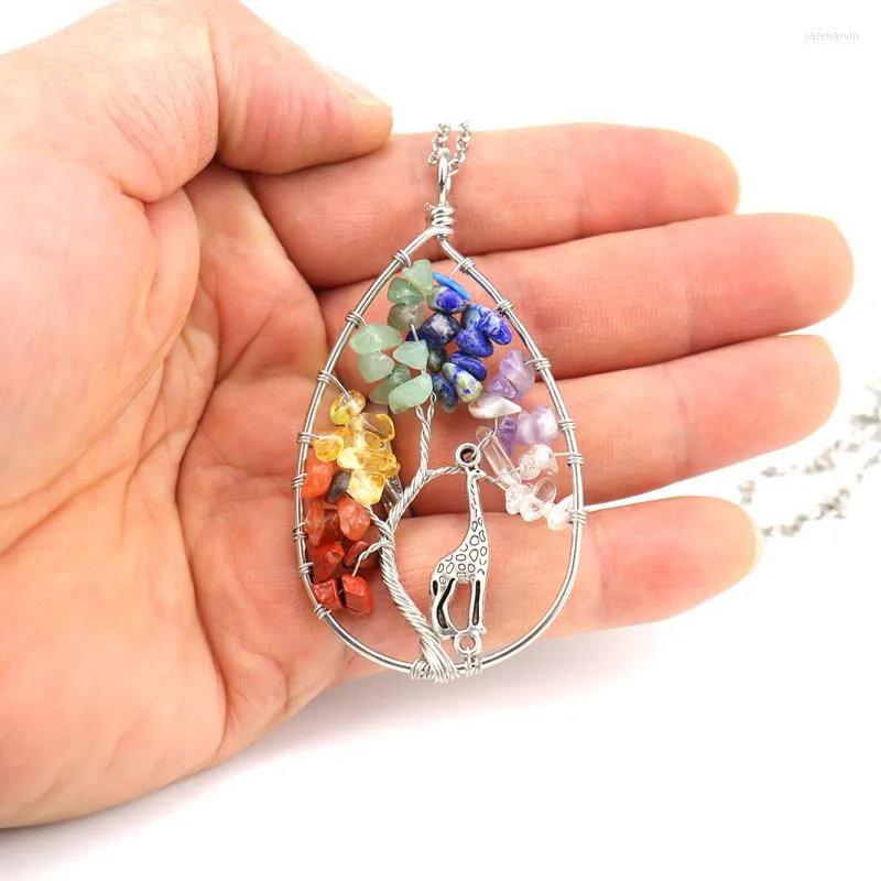 Chains Wholesale Fashion Oval With Giraffe Hand-made Natural Crystal Tree Of Life Necklace Seven Chakra Pendant For Women Girls N338