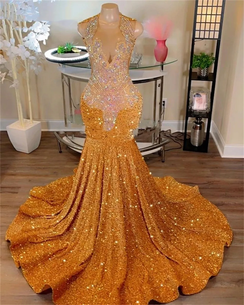 Elegant Orange Sequin Mermaid Prom Dresses For Black Girls Sparkly Crystal Beading Plus Size Formal Birthday Party Gowns Vestidos De Novia Mal Mal Mal mal