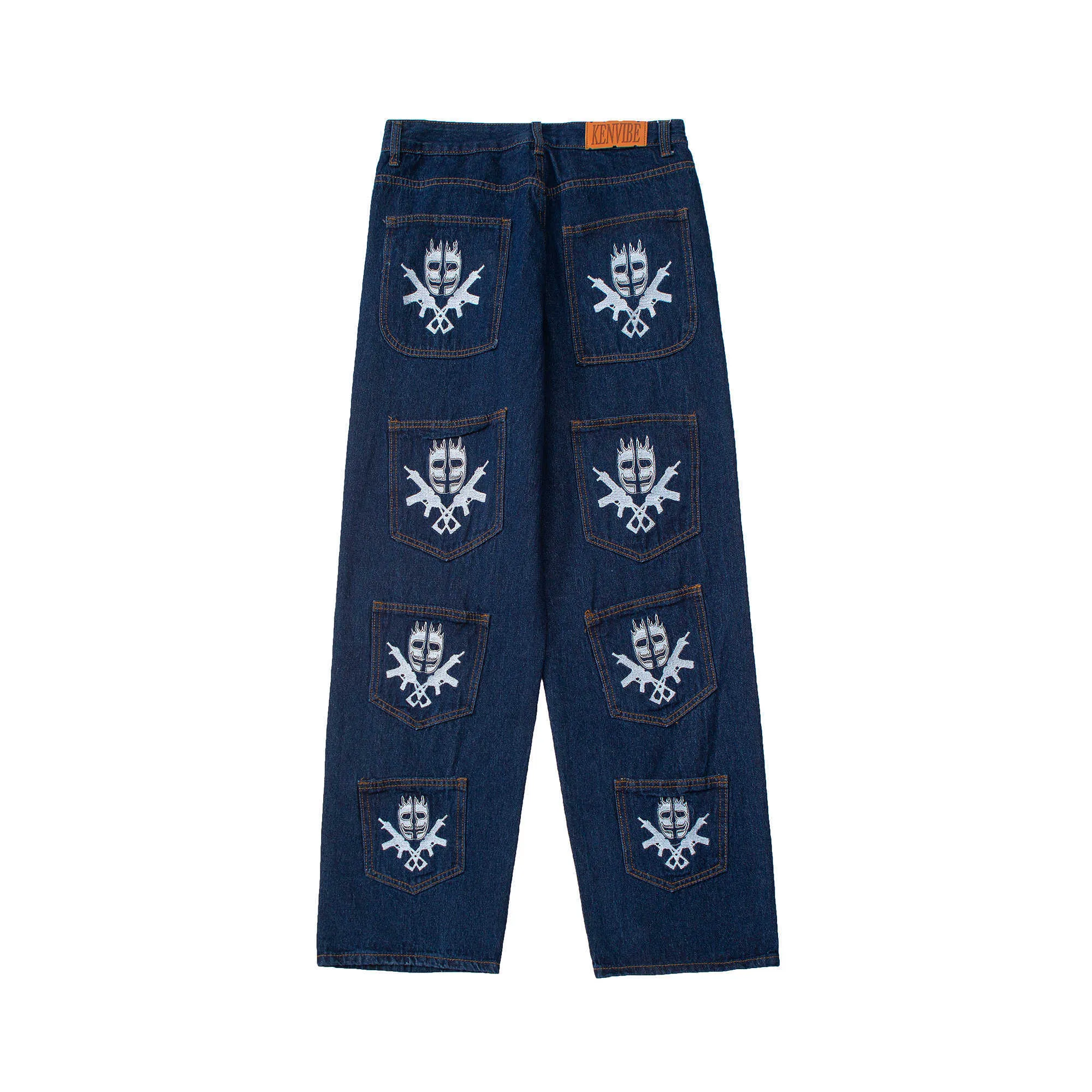 Jeans da uomo Retro Skull Gun Ricamo Jeans da uomo lavati Pantaloni dritti Pantaloni strappati strappati strappati in denim Pantaloni da coppia casual oversize Z0315