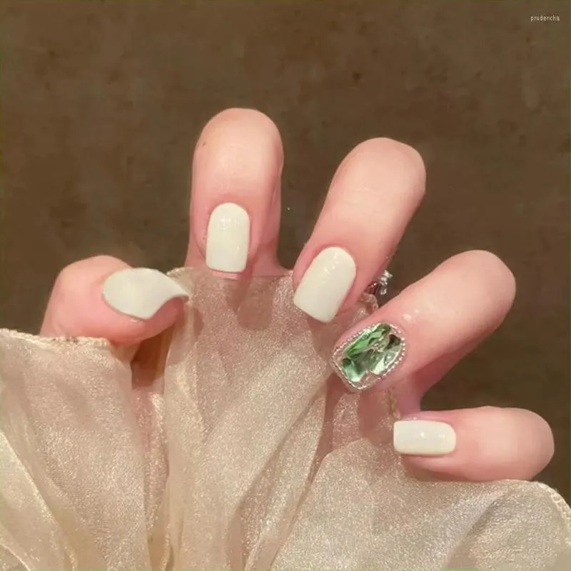 False Nails 24st Glossy White Dark Green Gem Short Fake For Women Girls French Style Full Cover Nail Sticker Nov99