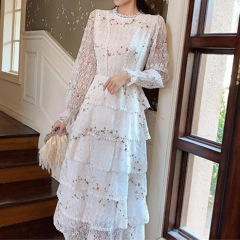 Casual Dresses 2023 White Lace Dress Women Long Sleeve Elegant O-Neck A-Line Tiered Midi Party Vestidos de Fiesta P-478