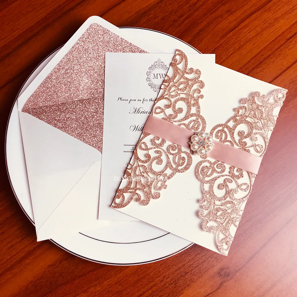 Greeting Cards 50x Pink Gold Glitter Invitations for Wedding Party Floral Gold Silver Red Champagne Bridal Shower Invites with Rhinestone Gree 230317