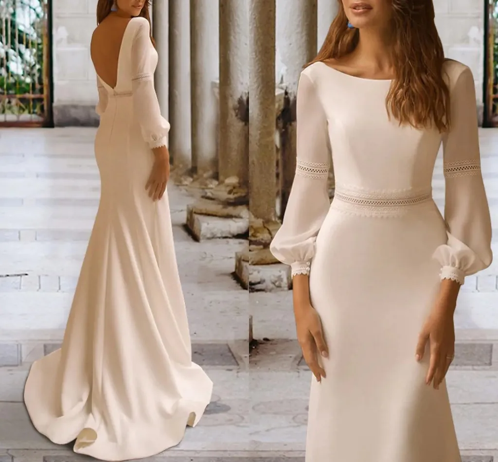 Elegante abito da sposa 2023 manica lunga scollo rotondo chiffon raso pizzo sala aperta indietro abiti da sposa abito da sposa civile per le donne