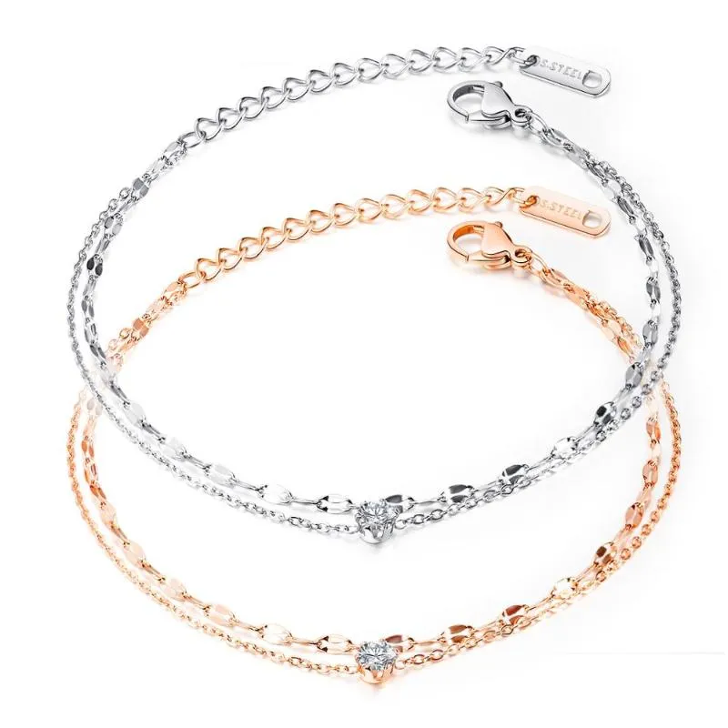 Link Bracelets Rose Gold Color Double-deck Chain CZ Bangle Bracelet For Women Stainless Steel Cuff Hand Jewelry Gift Drop