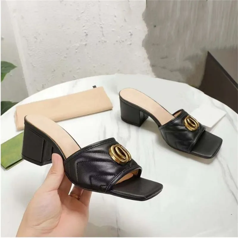 New Women's Slippers Mid Heel Designer Leather Fashion Sexy Embroidered Summer Chunky Heel Sandals 5.5cm Size 35-44