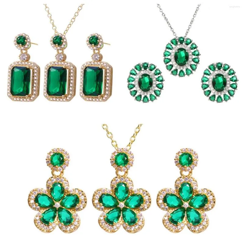 Серьги ожерелья наборы Canpel Luxury Emerald 18k золота с золотой модой Женщины свадебные кубические наборы зеленого камня циркона