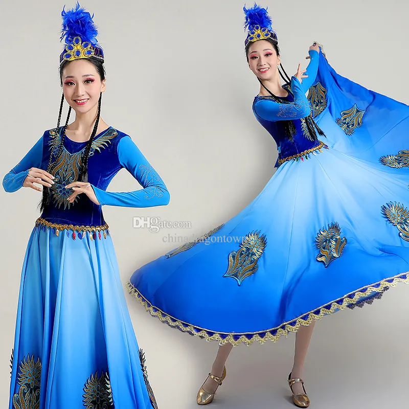 Abbigliamento da palcoscenico nazionale Costume da ballo blu Abito tradizionale dello Xinjiang, modello vintage, abbigliamento per le donne