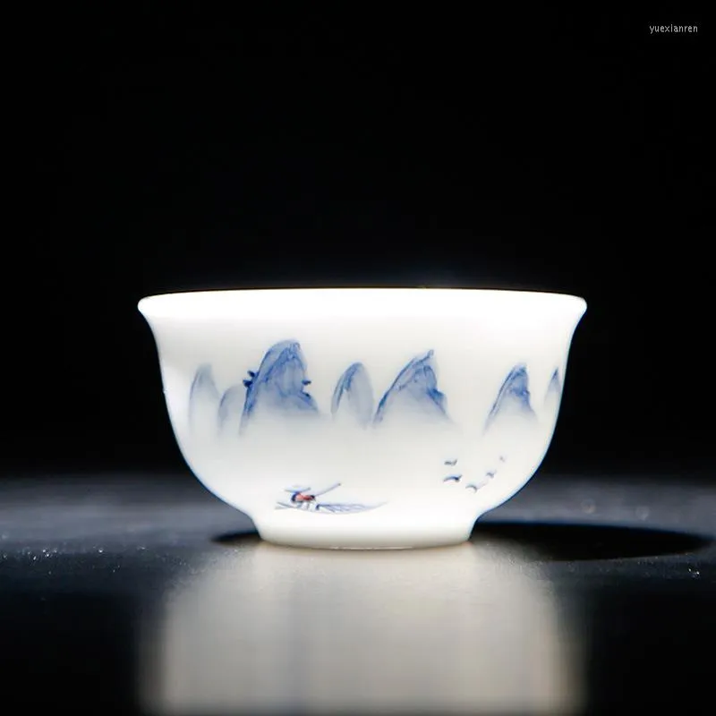 Tasses Soucoupes 5 Pcs/lot Peint À La Main Paysage Mince Pneu Chinois Blanc En Céramique Bleu Thé Bol Ensemble Tasse À Thé Vaisselle Une Tasse De