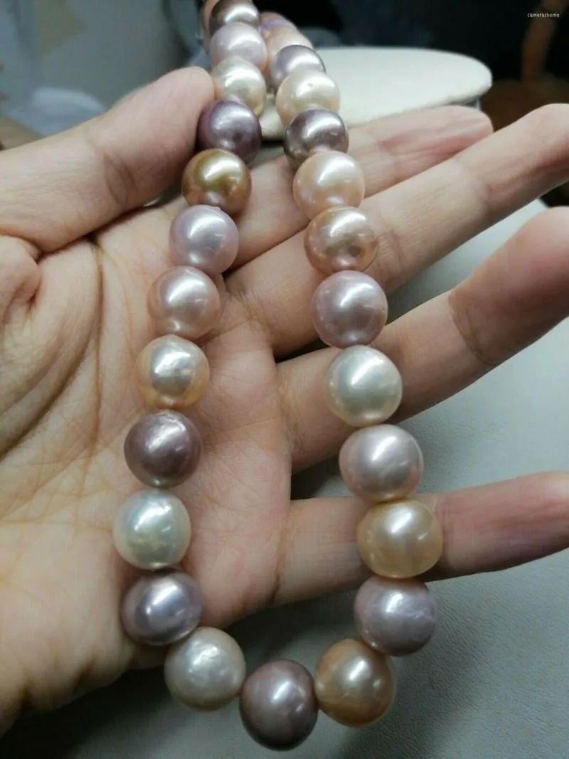 Kedjor Vackra naturliga Akoya 11-12mm Purple Whit Pink Pearl Necklace 18 tum