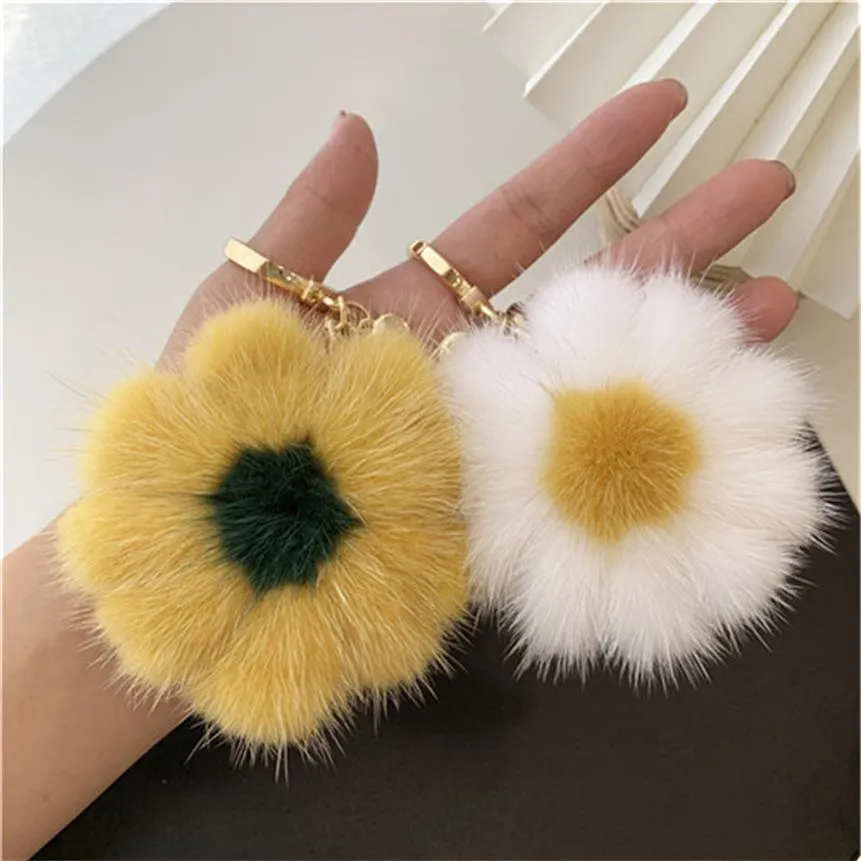 100% verklig äkta pälsblomma Daisy Pompom Bag Charm Keychain Pendant Car Phone Keyring Gift305R