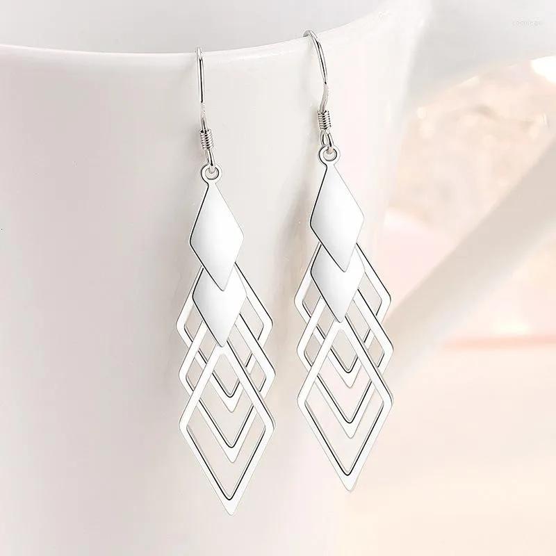 Stud Küpe Moda 925 Sterling Gümüş İstiflenebilir İçi Boş Rhombus Mozaik Kübik Zirkon Kadınlar İçin Uzun Püskül Takı Hediyesi