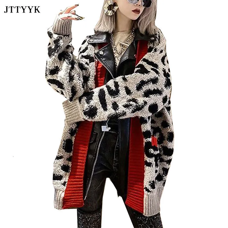 Kvinnors stickor Tees Midlength Sweater Jacket 2023 Autumn Winter Loose Leopard Print Fashion Sticked Cardigan and Leather 230317