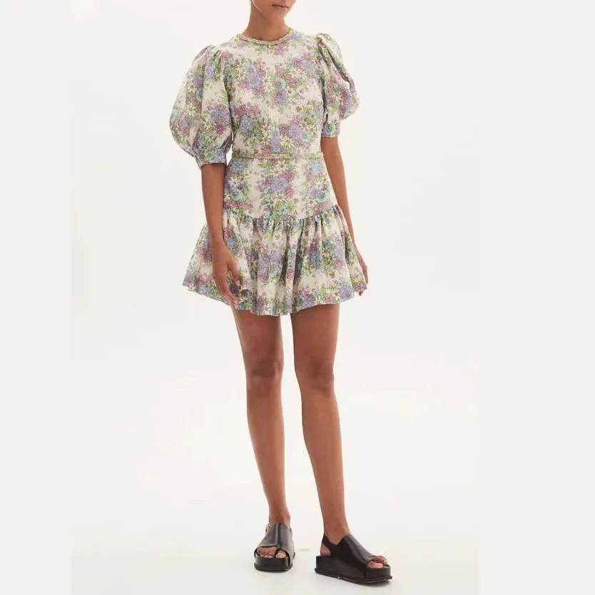 Robe de créateur australienne à imprimé floral, col rond, manches bouffantes, mini robe