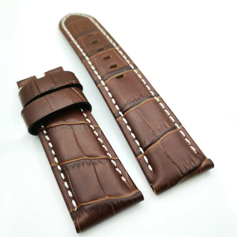 24 mm - 22 mm Brown Crocodile Grain Calf Leather Band White Stitch Strap Fit For PAM PAM111 Watch