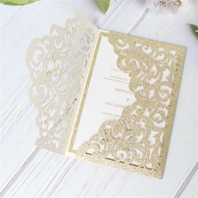 Wenskaarten glitteruitnodigingen Hollow Gold Silver Rose Gold Wedding Bridal Gift Card Verjaardag Wenskaart Aangepast afdrukken 230317