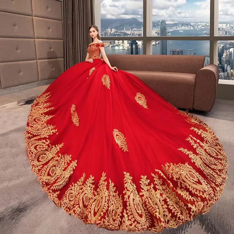 Luxury A Line Plus Size Wedding Gown With Chapel Train Vintage Red And Gold Lace Bridal Dress From Babydress126 396.92 DHgate.Com
