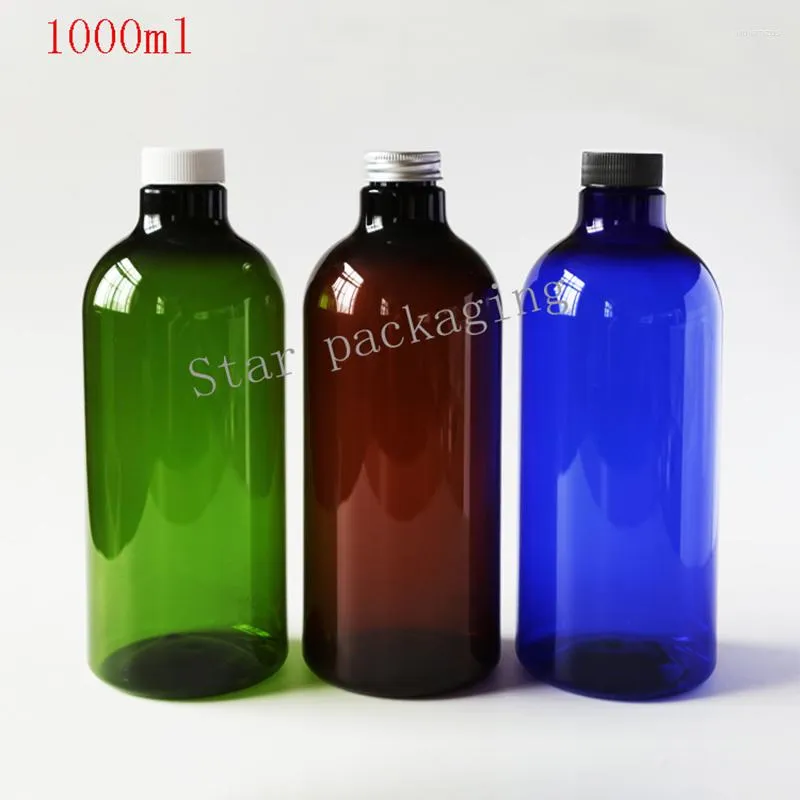 収納ボトル10pcs/lot 1000ml DIYアンバーペットペットボトル1Lビッグファシティとネジ上のキャップ1000ccブルーリキッド